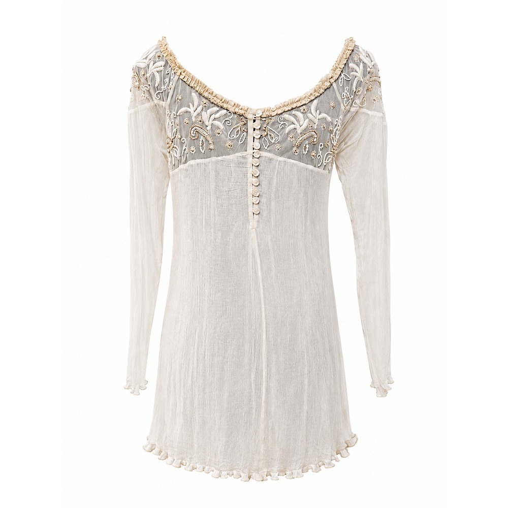 Free People Ivory Shift Tunic Top Beaded Mesh Boho Fairy Whimsy Regency Princess - Picture 2 of 8